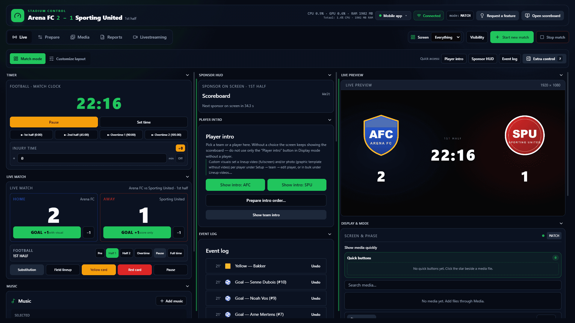 Die echte ArenaCue-Software — Spielsteuerung