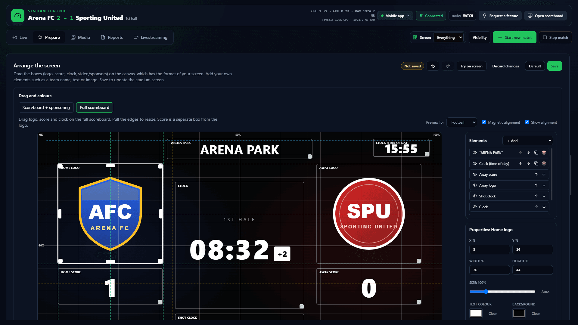 The actual ArenaCue software — Screen layout