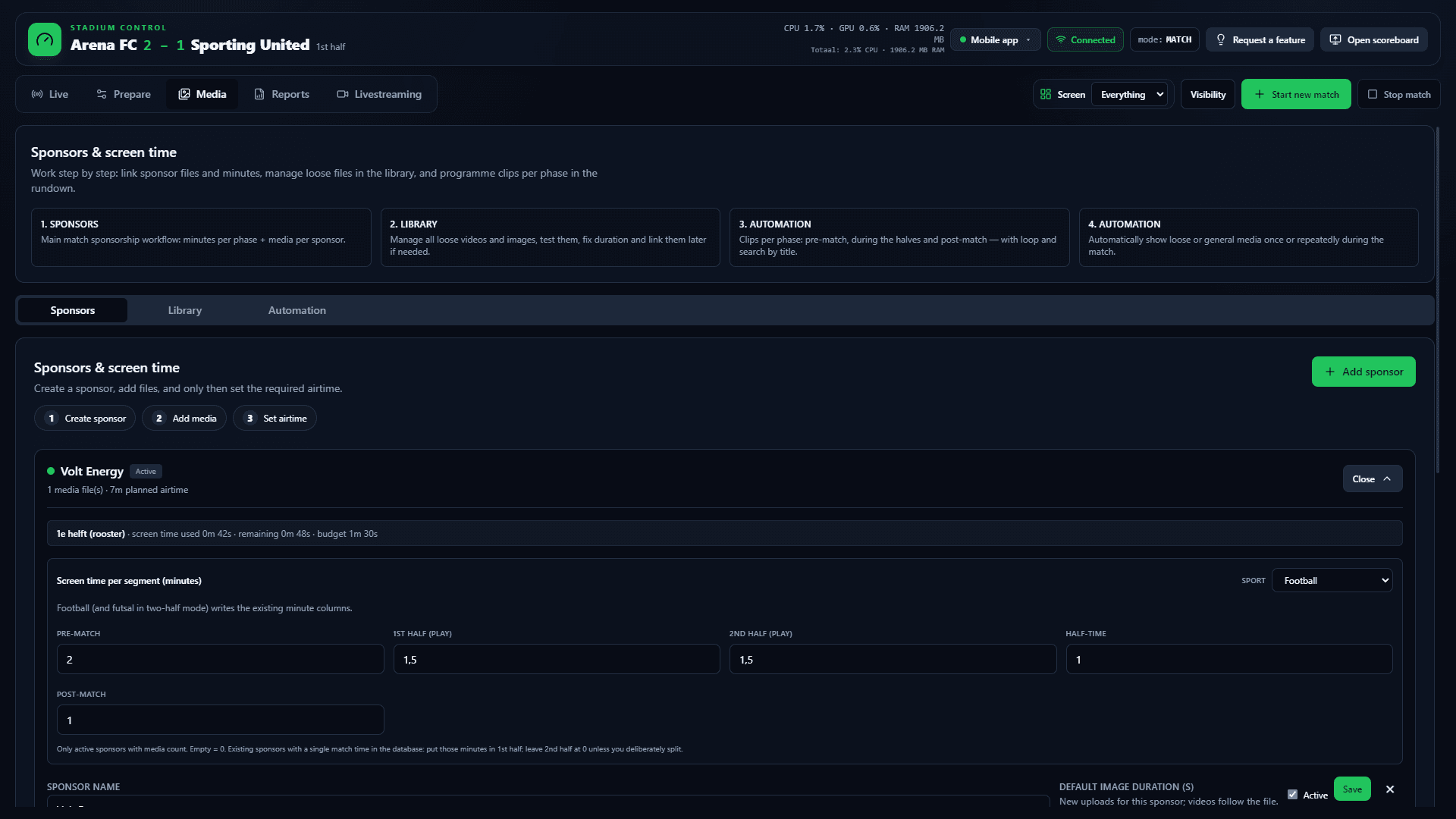 The actual ArenaCue software — Sponsor planning