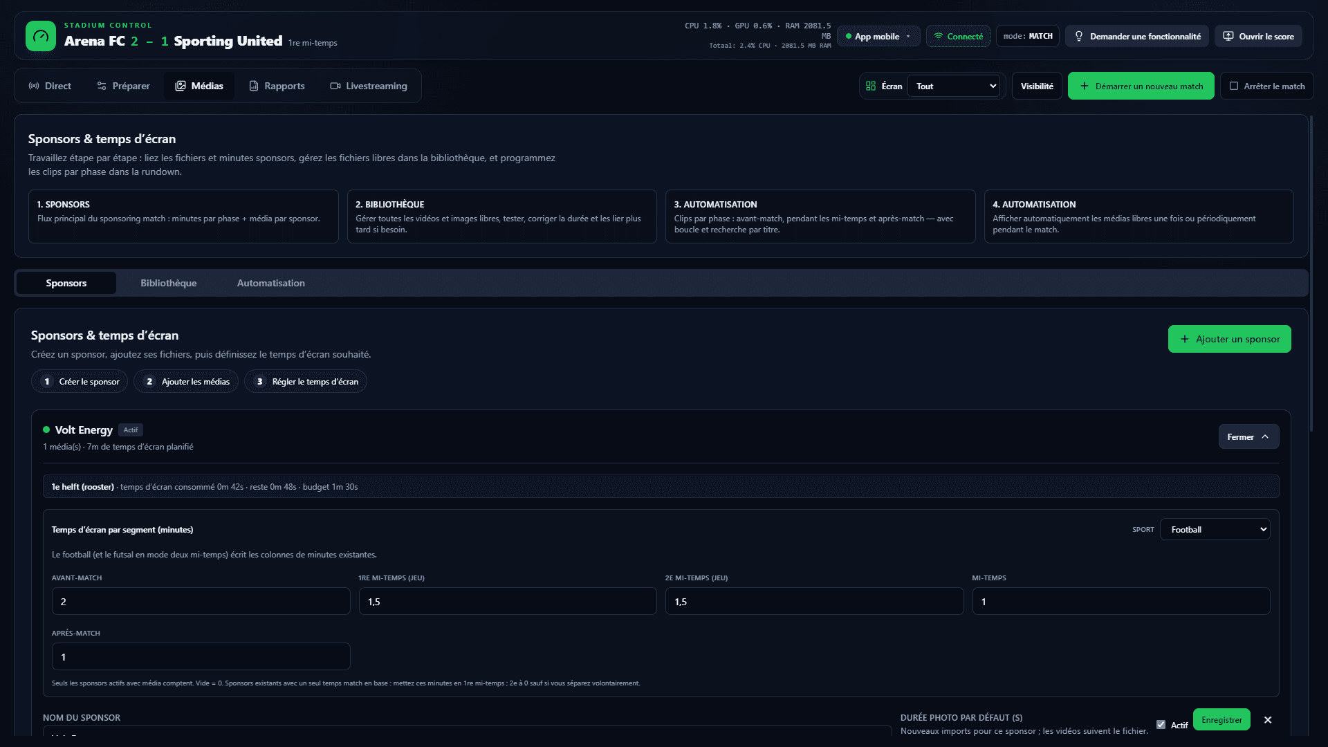 Le véritable logiciel ArenaCue — Planification des sponsors