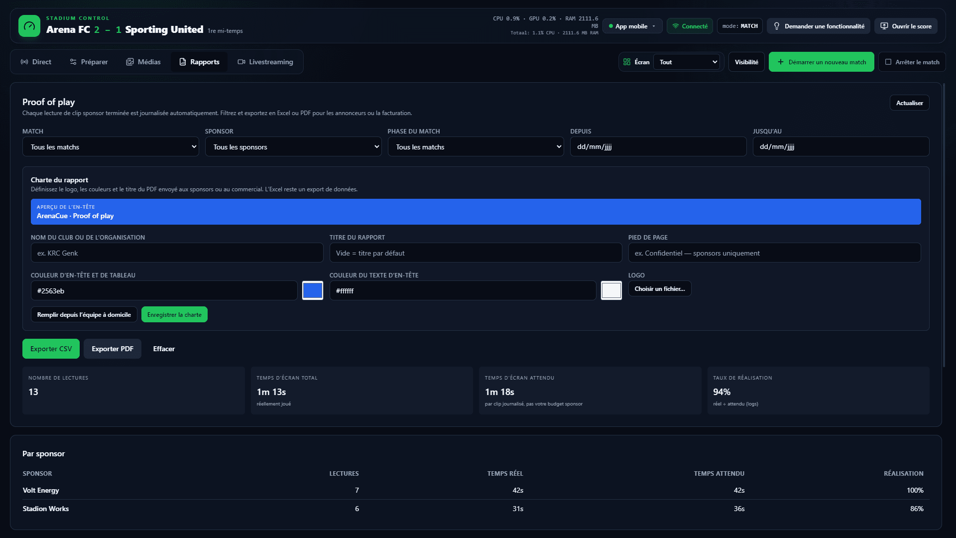 Le véritable logiciel ArenaCue — Rapports