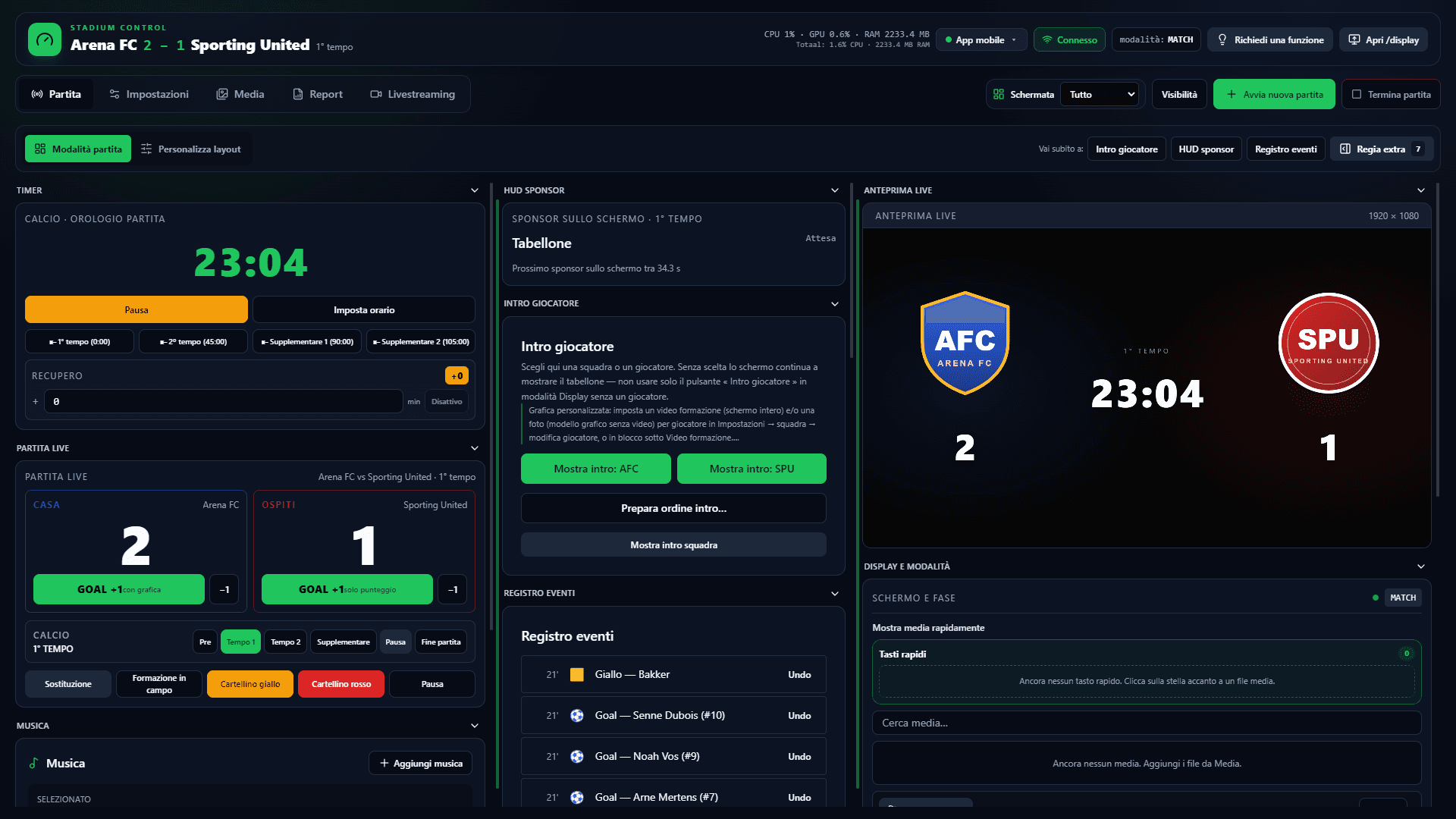 Il vero software ArenaCue — Regia della partita