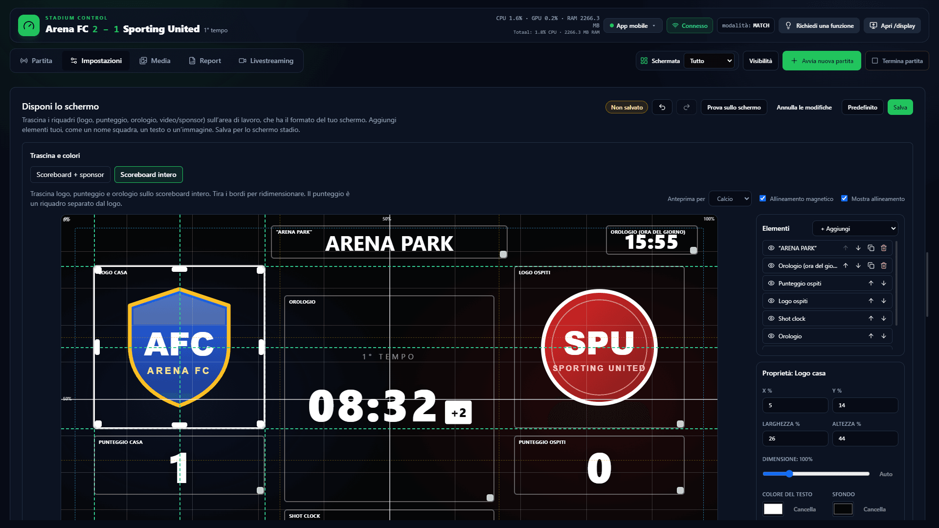 Il vero software ArenaCue — Layout dello schermo