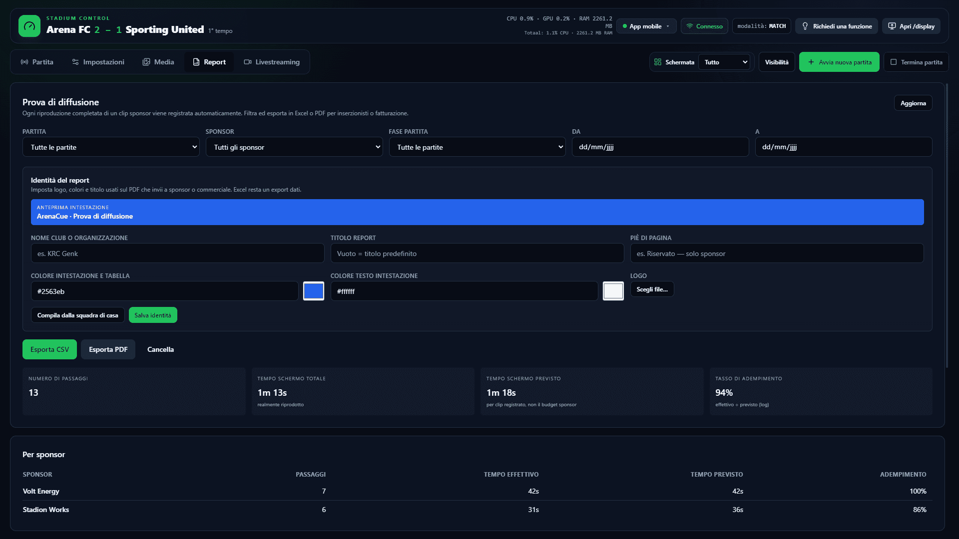 Il vero software ArenaCue — Report