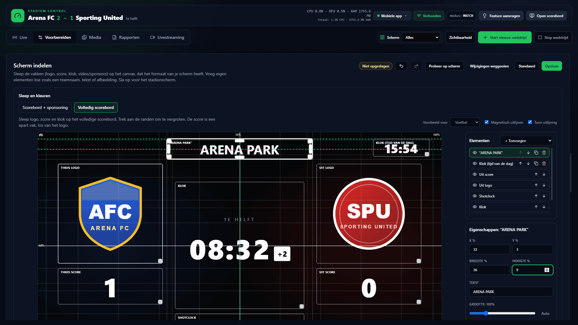 De echte ArenaCue-software — Scherm indelen