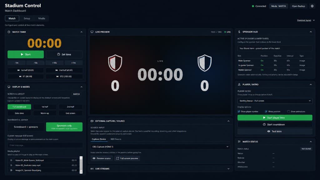ArenaCue control dashboard preview zonder clubnamen of officiële logo's